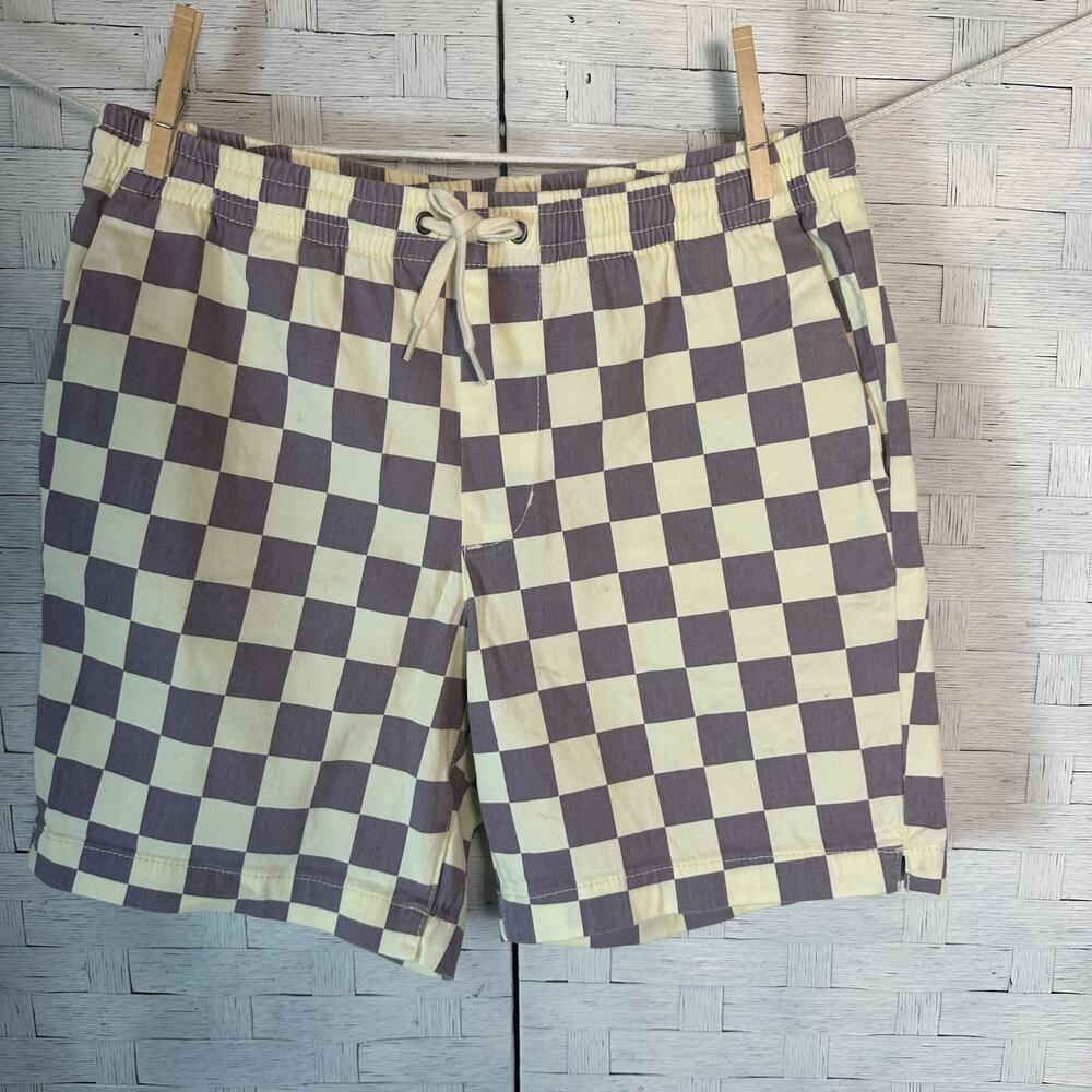 Pacsun  men’s shorts volley plaid block, cream gray drawstring, stretchy waist ￼